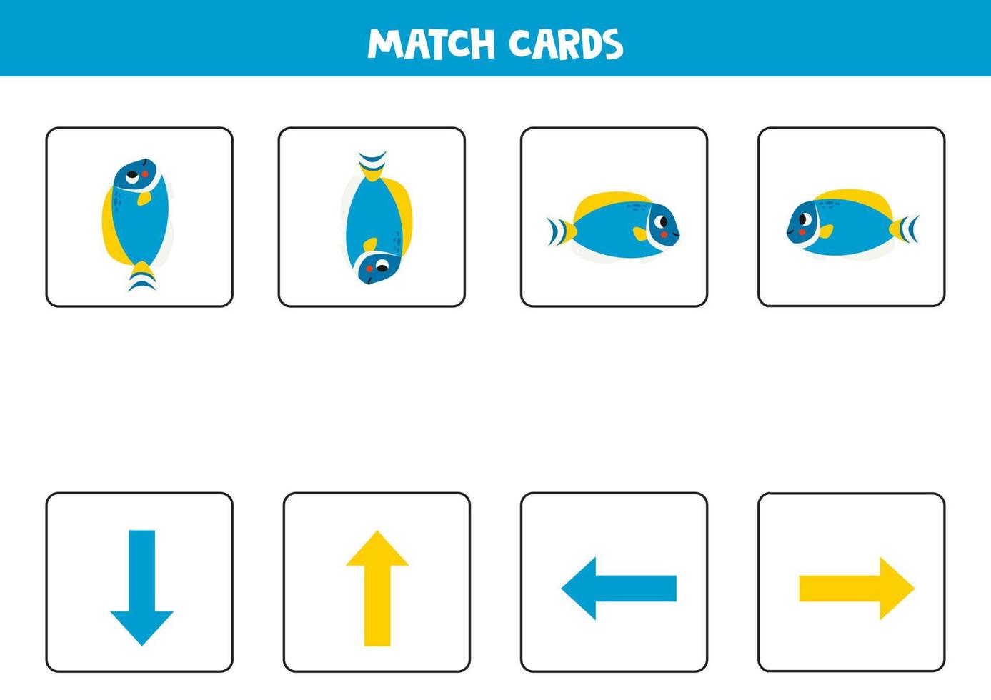 Left, right, up or down. Spatial orientation with cute powder tang fish. vector