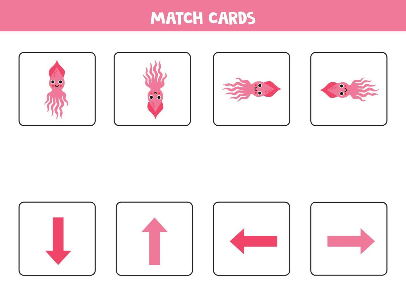 Left, right, up or down. Spatial orientation with cute squid. vector