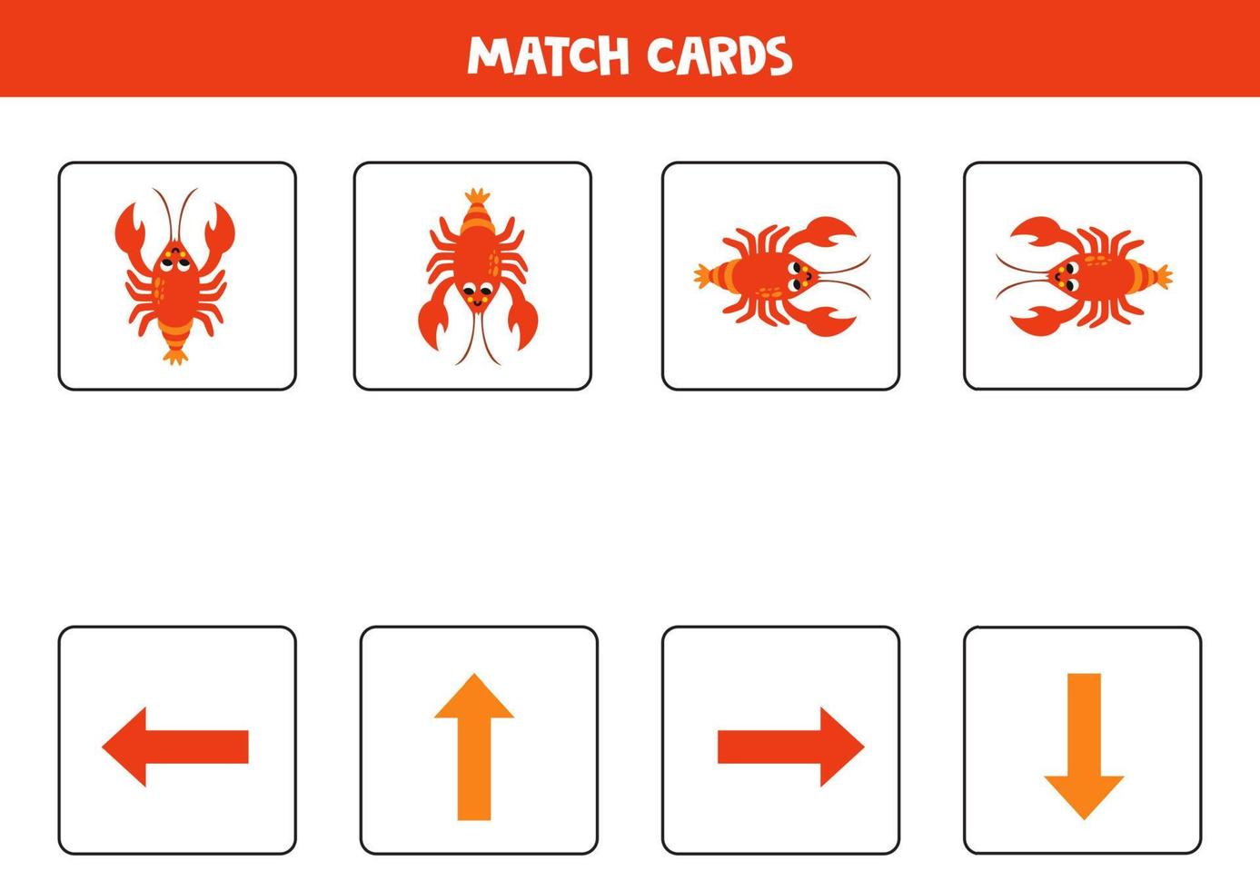 Left, right, up or down. Spatial orientation with cute cartoon lobster. vector
