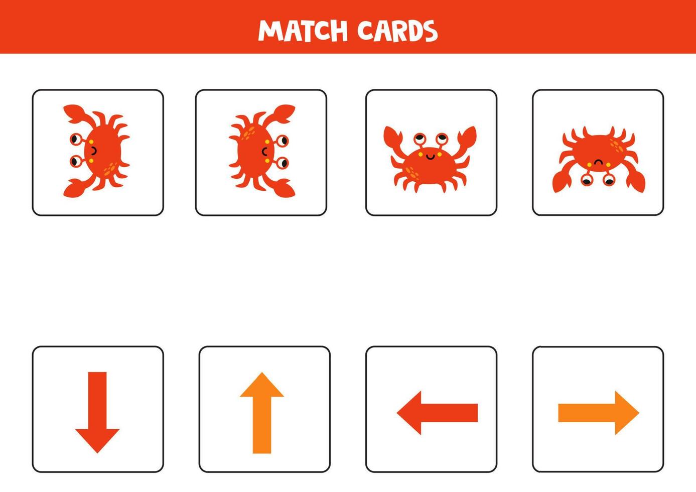 Left, right, up or down. Spatial orientation with cute cartoon crab. vector