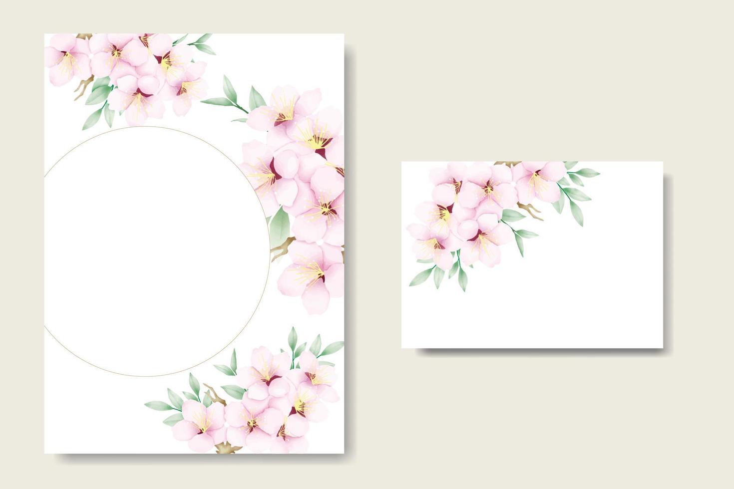 Elegant watercolor cherry blossom wedding invitation card set vector