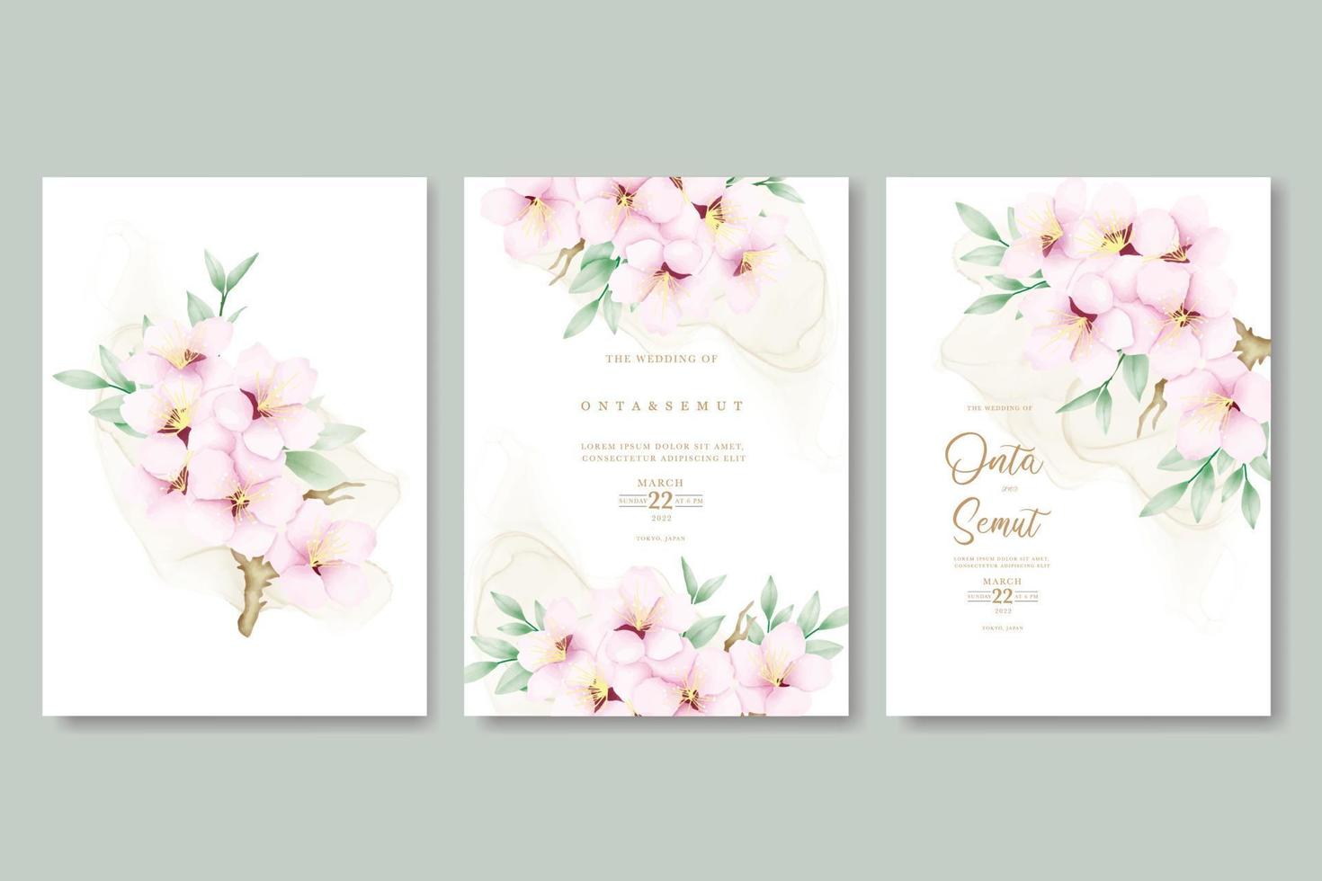Elegant watercolor cherry blossom wedding invitation card set vector