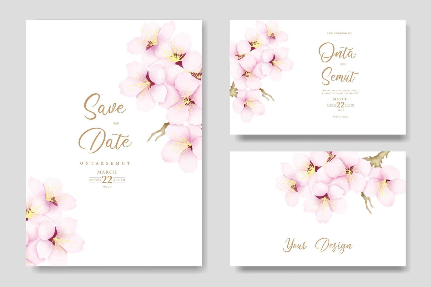 elegant watercolor cherry blossom wedding invitation card set vector