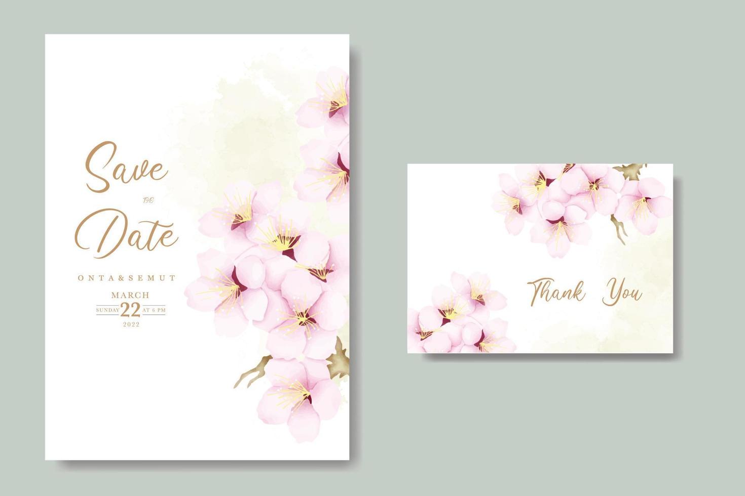 elegant watercolor cherry blossom wedding invitation card set vector