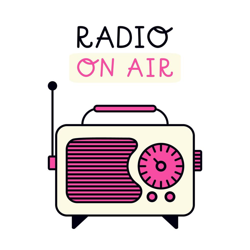 Pink retro radio. Radio on air lettering. Isolated vector illustration on white background.