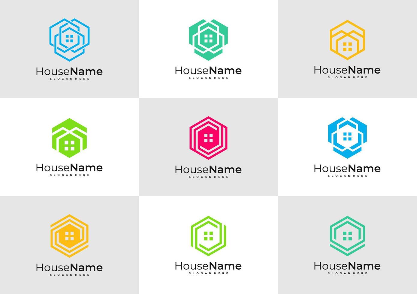 Hexagon House logo with business card template. Creative Home logo design concepts vector