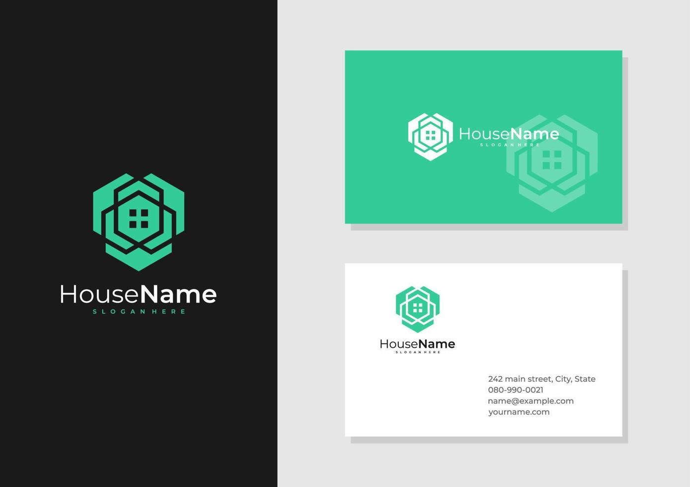 Hexagon House logo with business card template. Creative Home logo design concepts vector