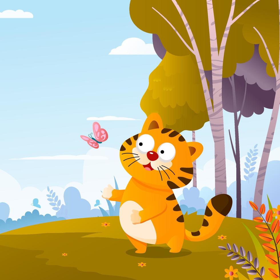 Cat Playing with Butterfly Concept vector