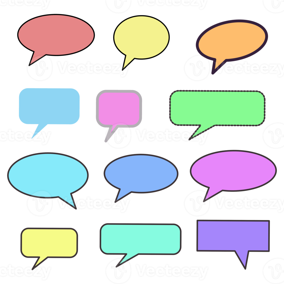 Set different dialog box, frame, speech balloon bubble colorful red violet yellow blue color in black line frame, Empty blank comment Talk chat speak message, pop art design png