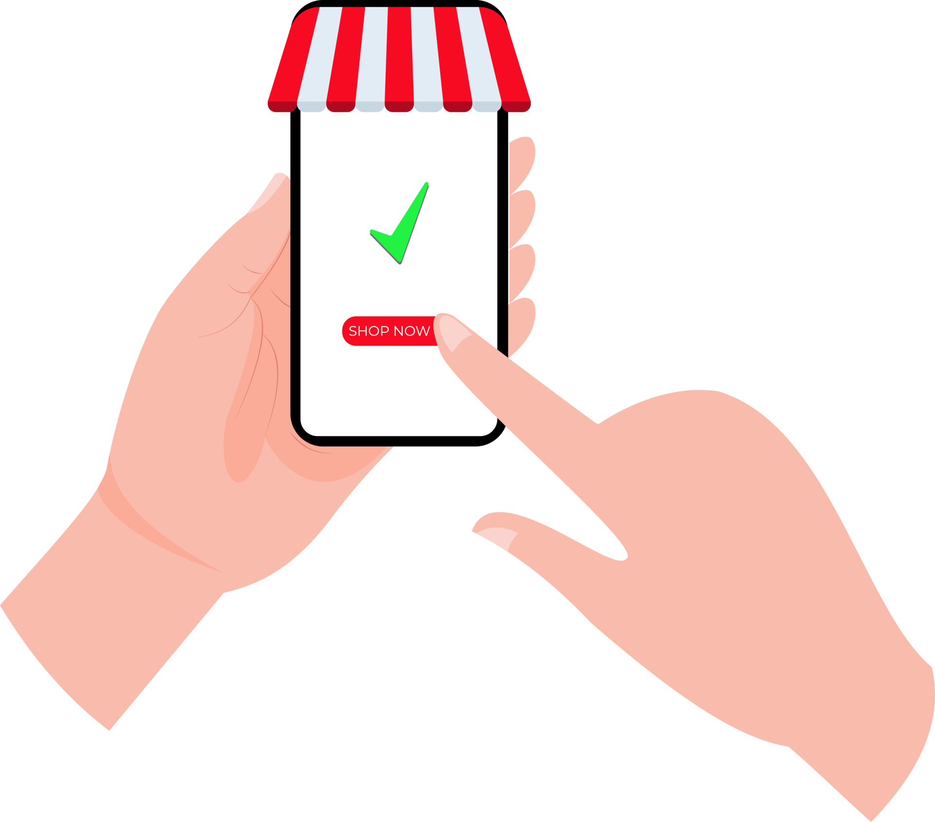 shop at online stores. hand holding mobile phone shaped online shop and