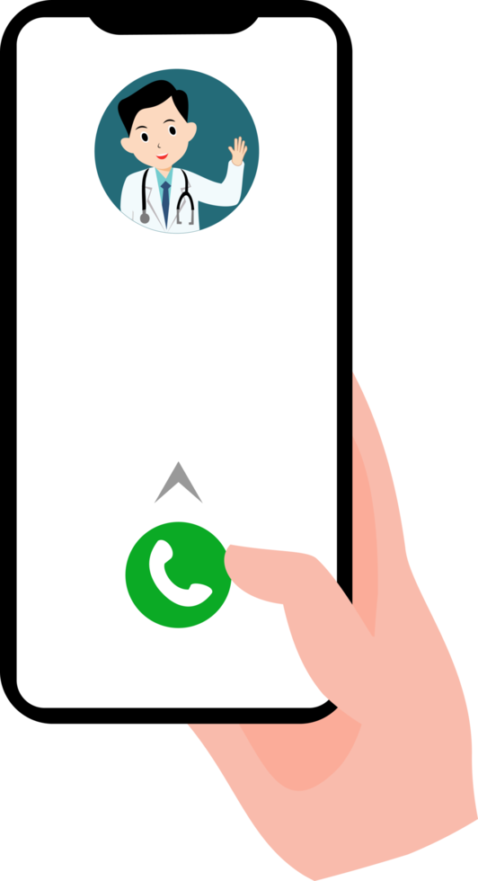 online doctor application. illustration of right hand holding a cell phone making a phone call to a doctor online png