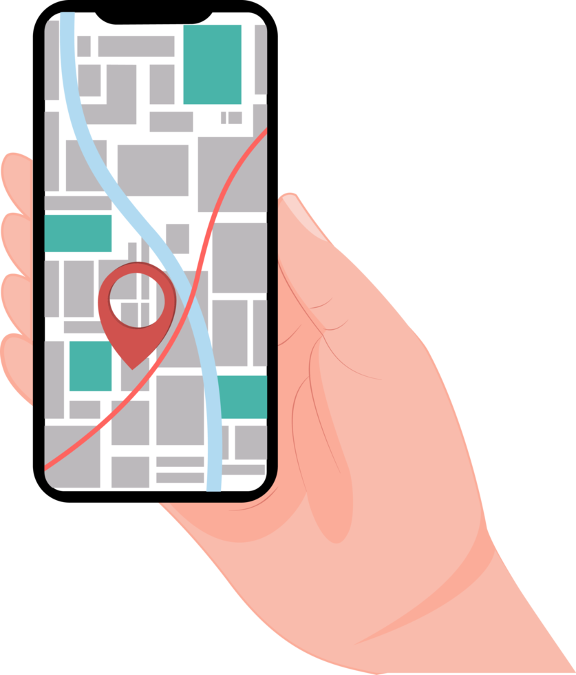 hand holding a mobile phone with a map display. mobile navigation. GPS navigation location. location map png