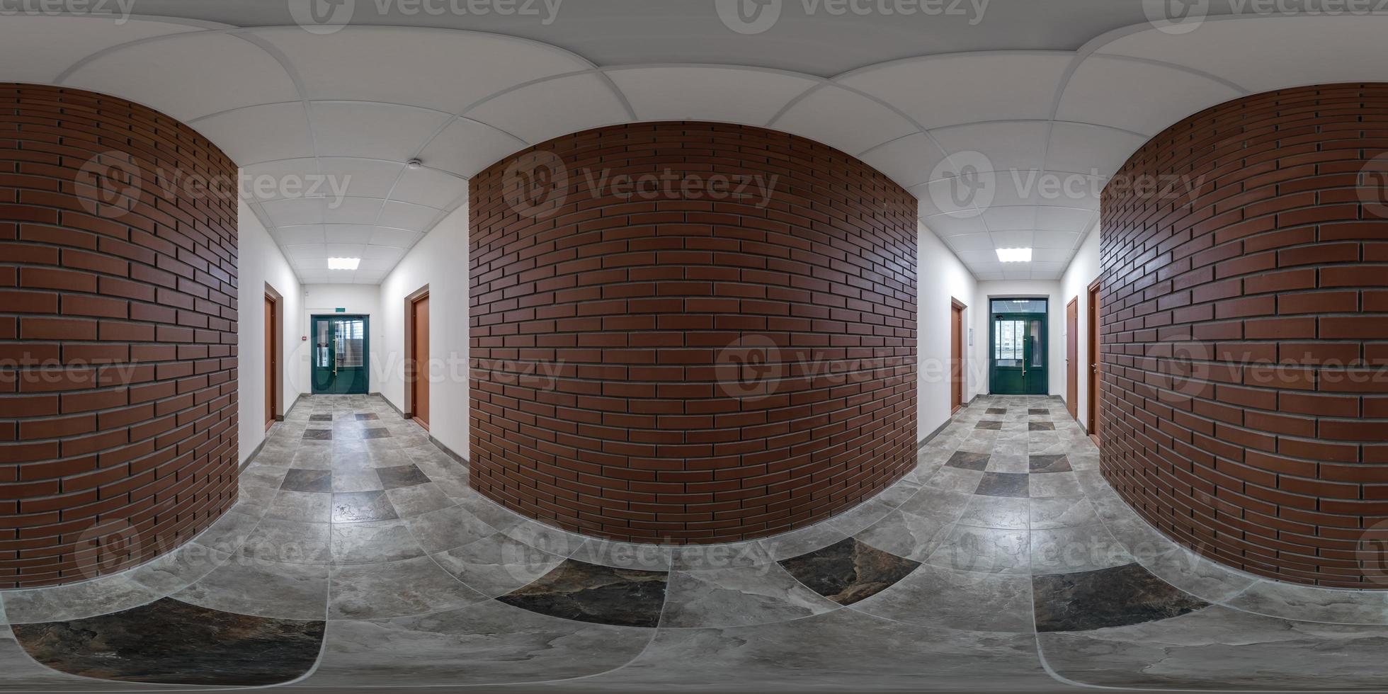 white empty corridor with red brick walls for room office. full seamless spherical hdri panorama 360 degrees in interior room in modern apartments,  office or clinic in equirectangular projection photo