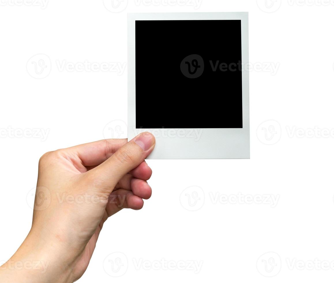 hand holding photo frame on isolated white with clipping path.