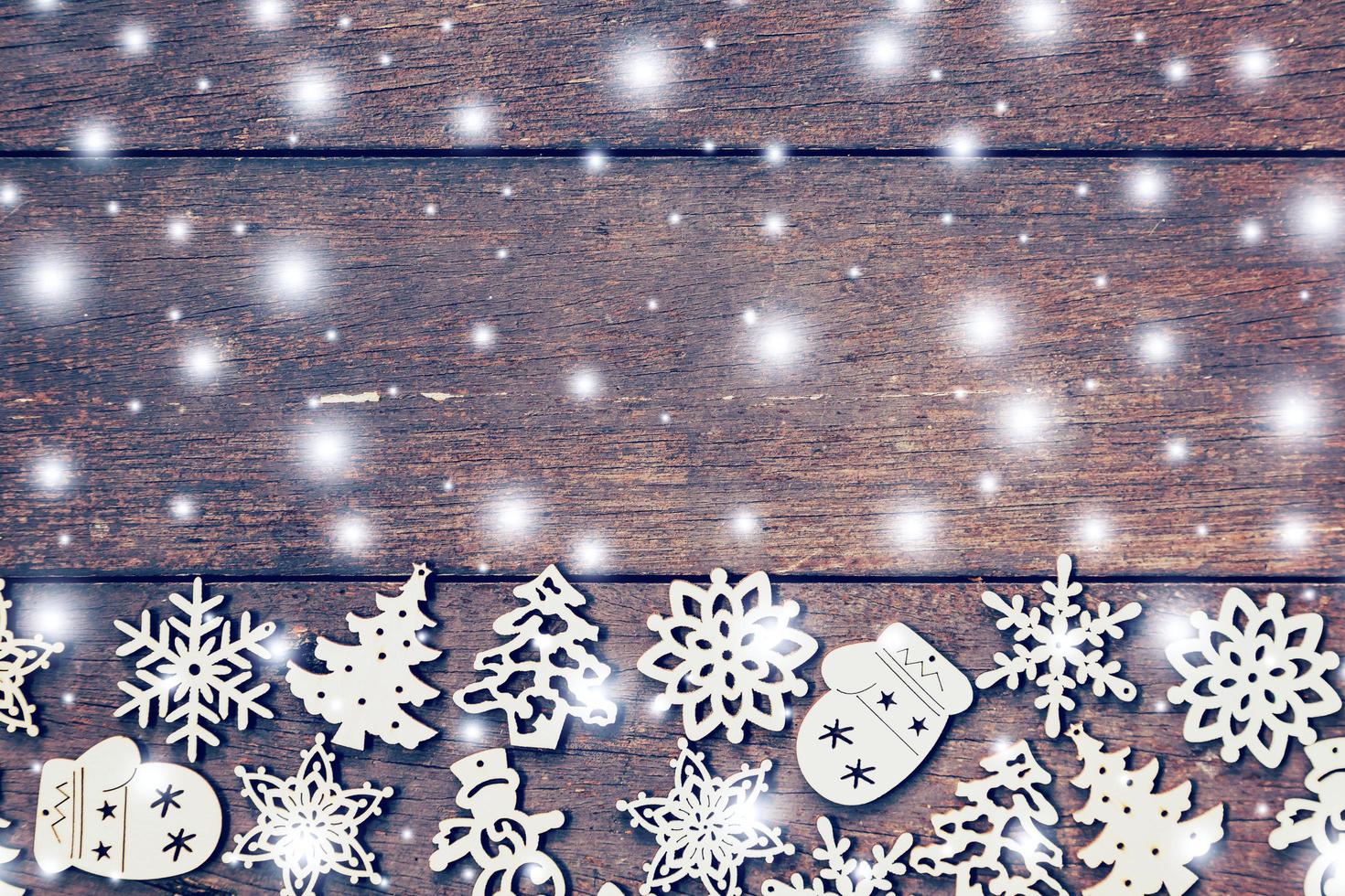 Wood christmas decoration with snow white on wood background with copyspace. photo