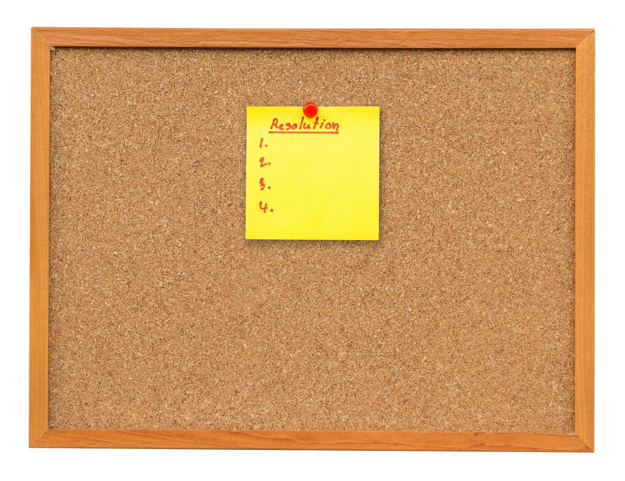 Note paper Resolution on Cork board isolated on white with clipping path. photo