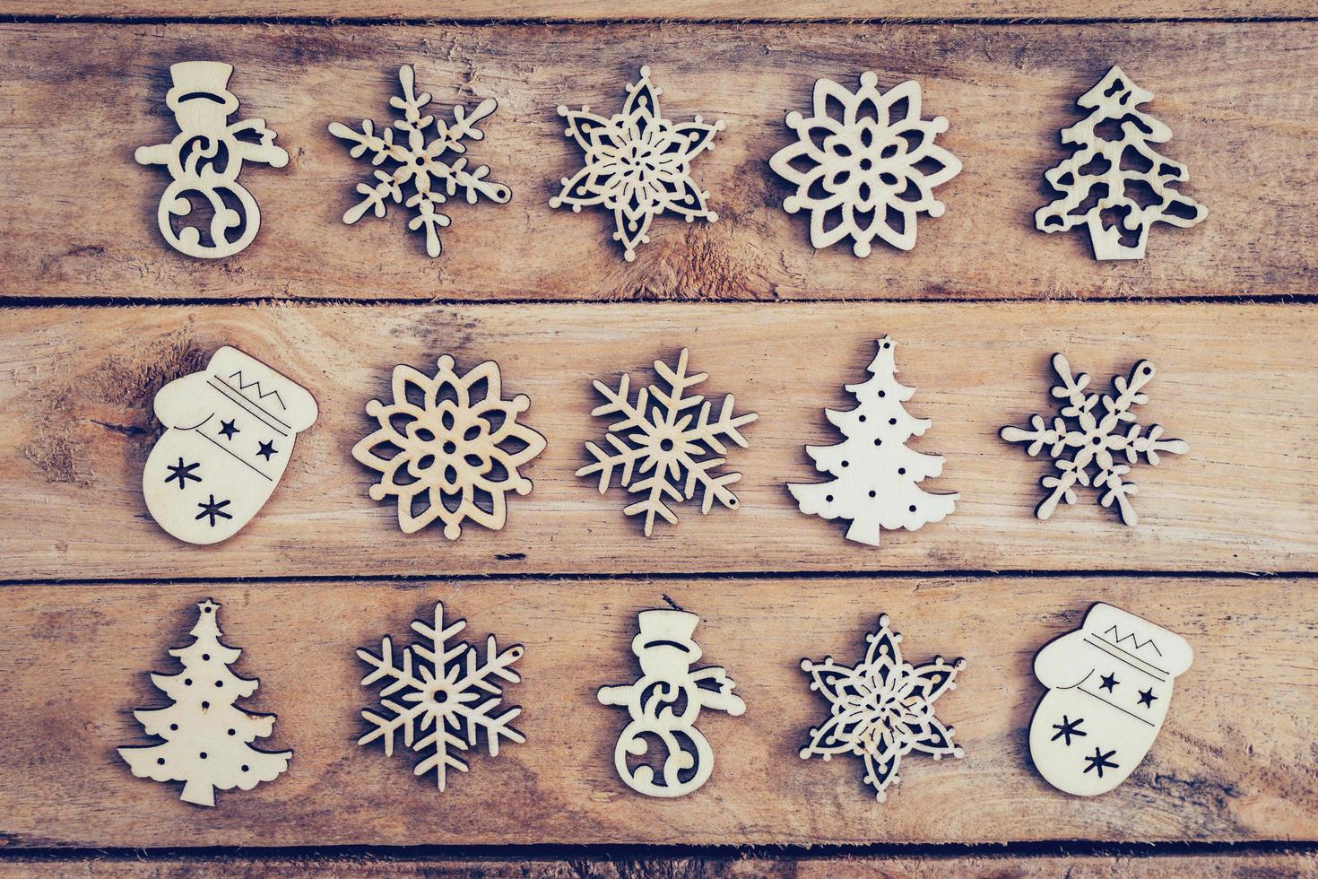 Christmas decoration with wood snowflake on table with copy space photo