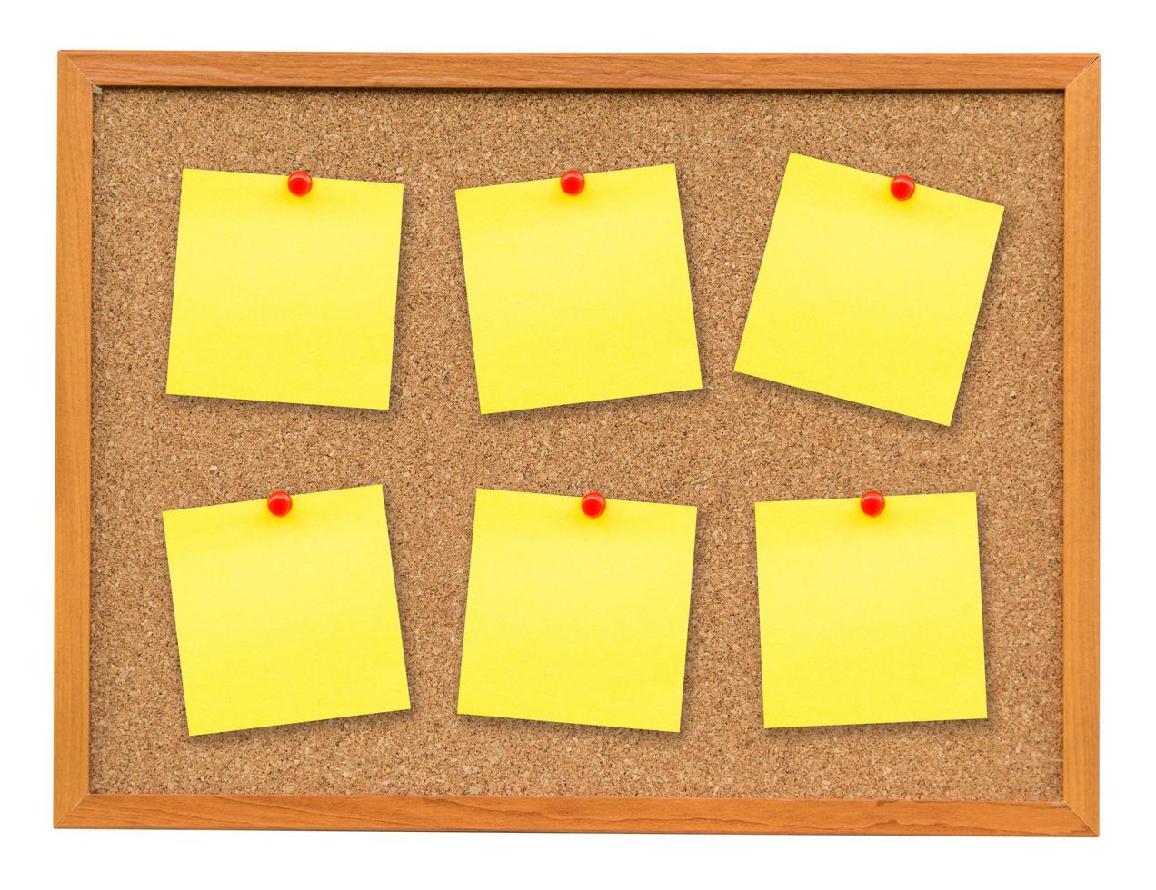 Six note paper on Cork board isolated on white with clipping path. photo