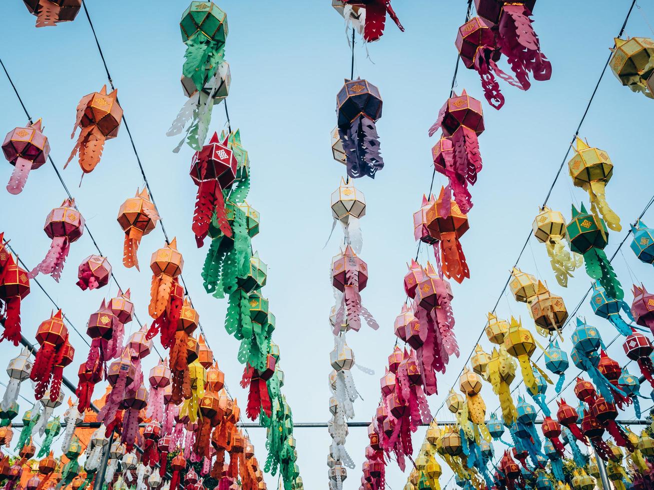 Colorful Lamp and lantern in Loi Krathong Wat Phra That Haripunchai Lamphun Thailand photo