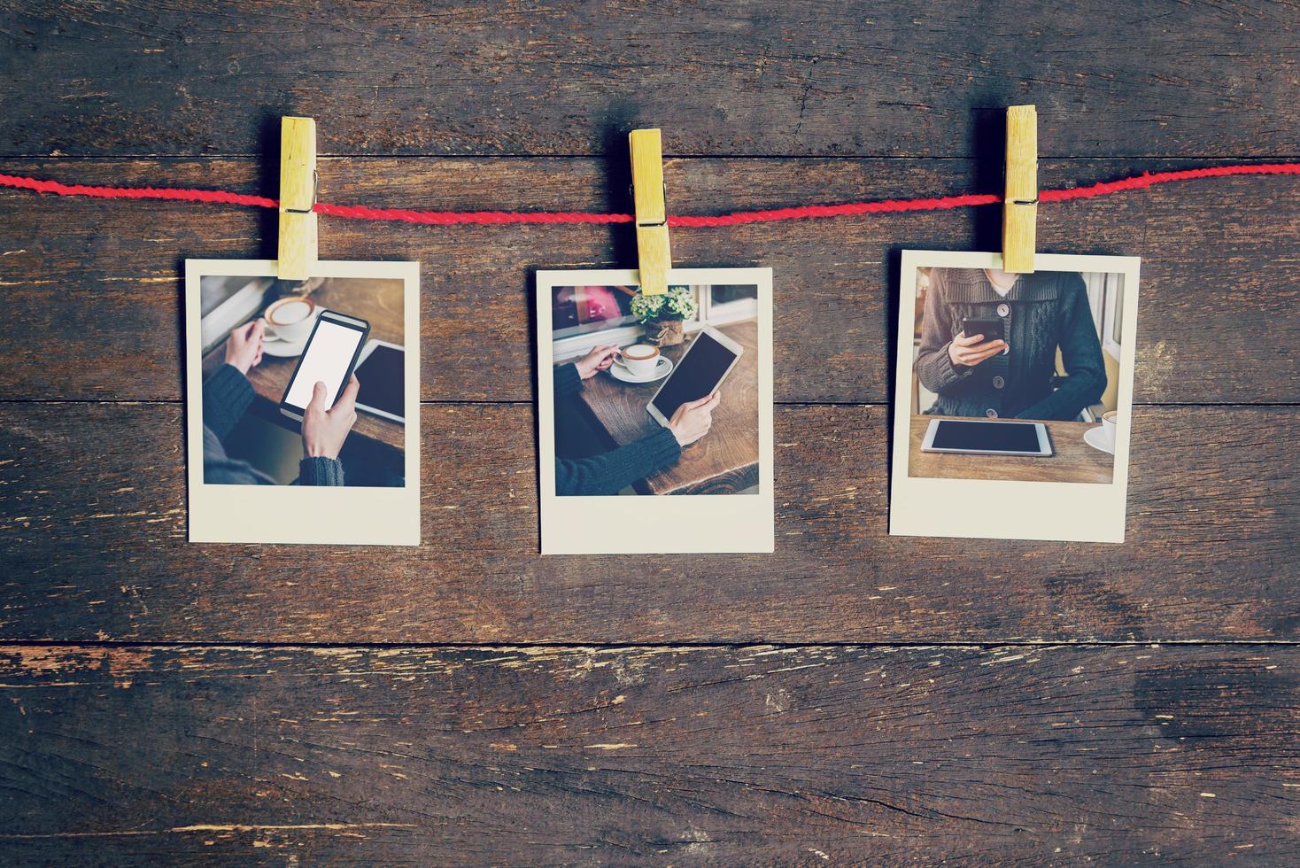 Frame photos woman using phone set hanging on clothesline and wooden background. vintage filtered.