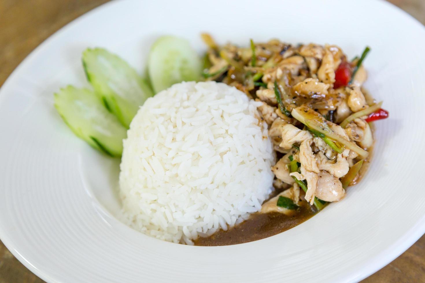 Thai food Thai spicy food, Fried chicken with sweet basil. photo