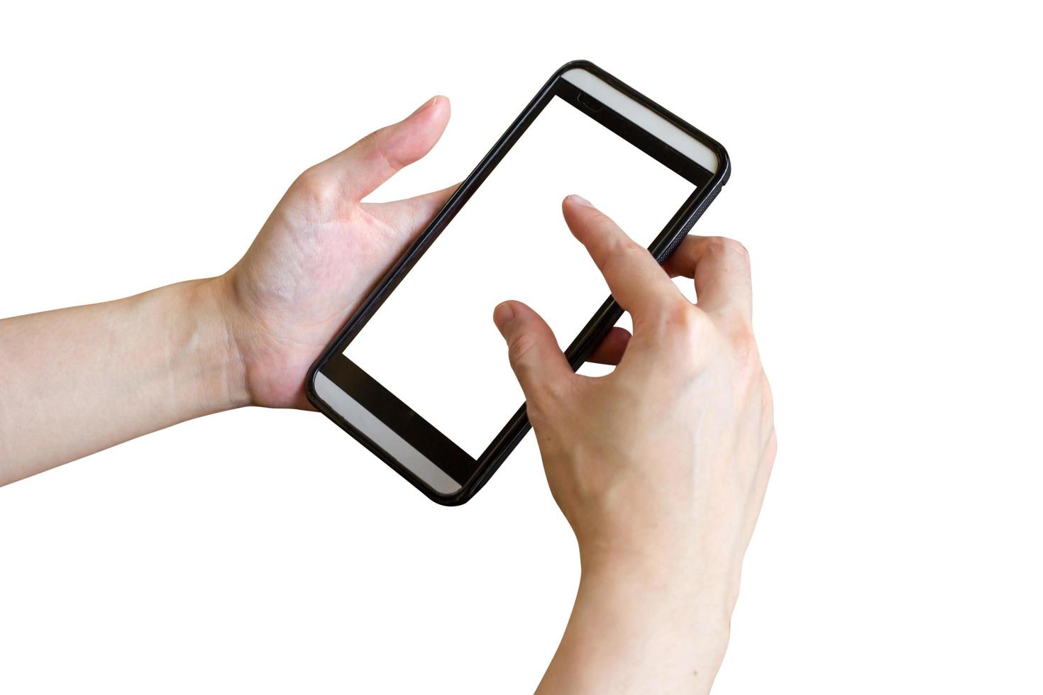 Close up hand woman using phone on isolated with clipping path. photo