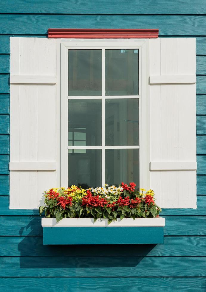 white window open and flower at house photo