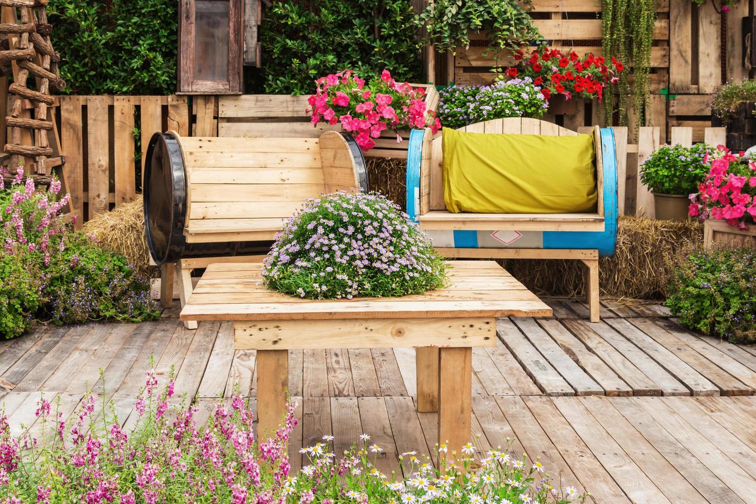 wood chair furniture in a beautiful garden. photo