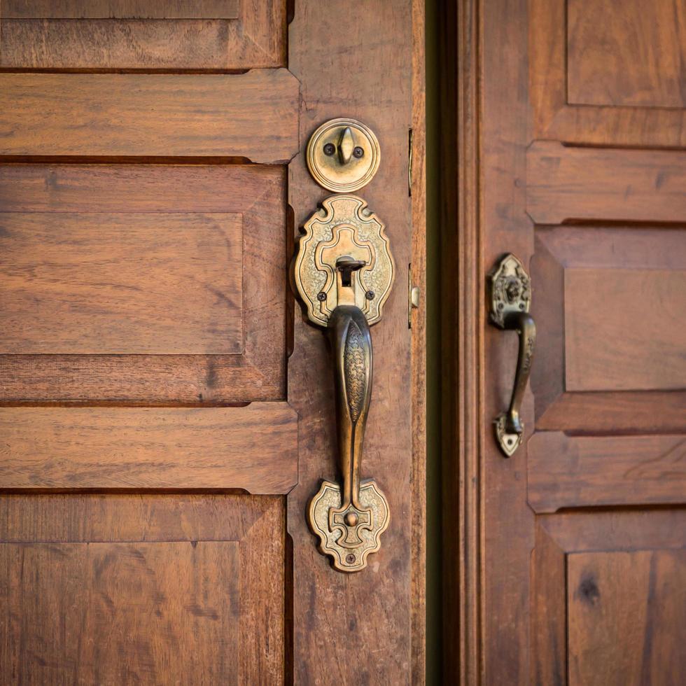 Door Brass Handles and Wooden Close-up photo