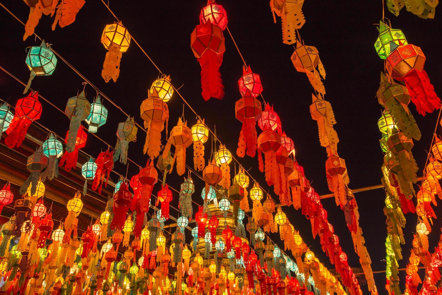 Colorful Lamp and lantern in Loi Krathong Wat Phra That Haripunchai Lamphun Thailand photo