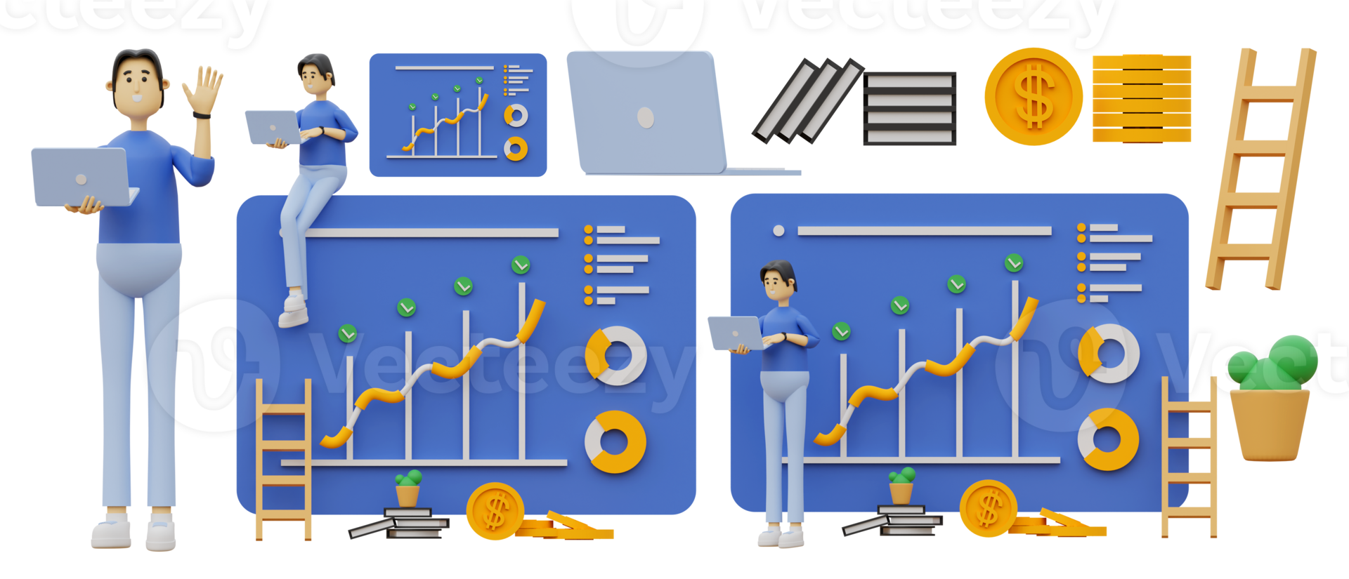 un' impostato di illustrazioni su il argomento di analisti Lavorando. persone opera con dati e statistica 3d png