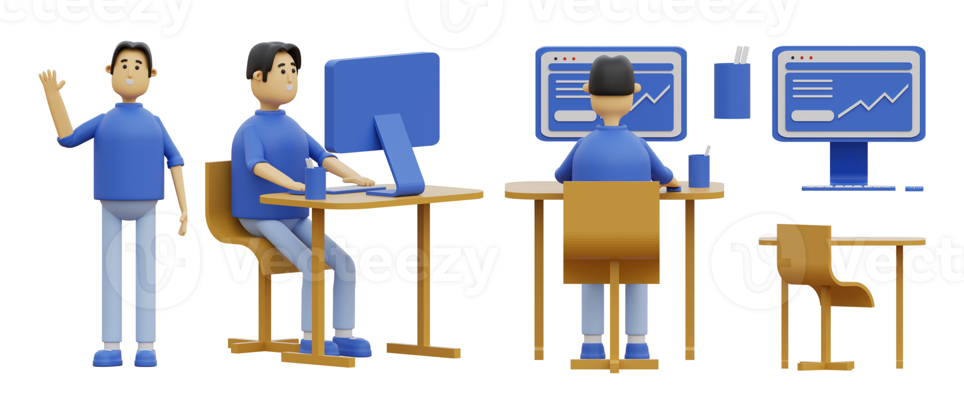 man working with computer 3d illustration set png