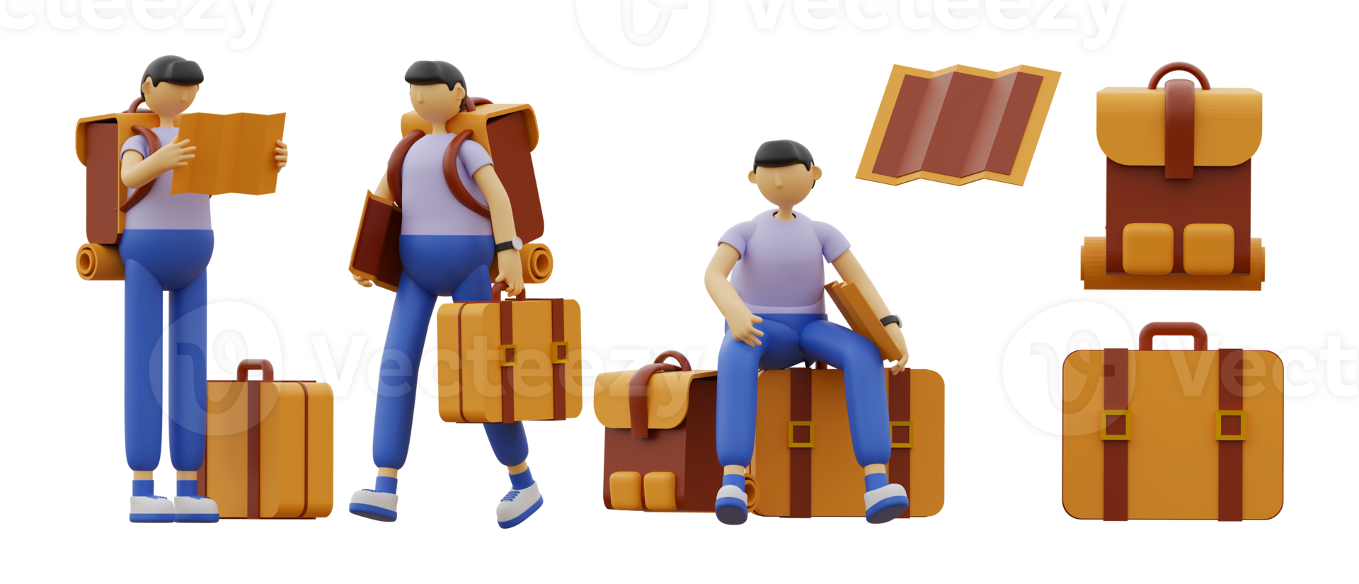 masculino personaje de viaje ilustración 3d conjunto png