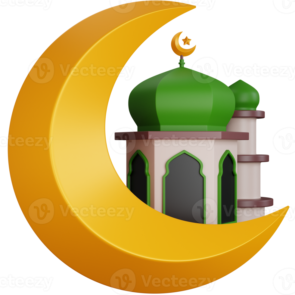 3D Rendering the mosque behind the golden moon isolated png