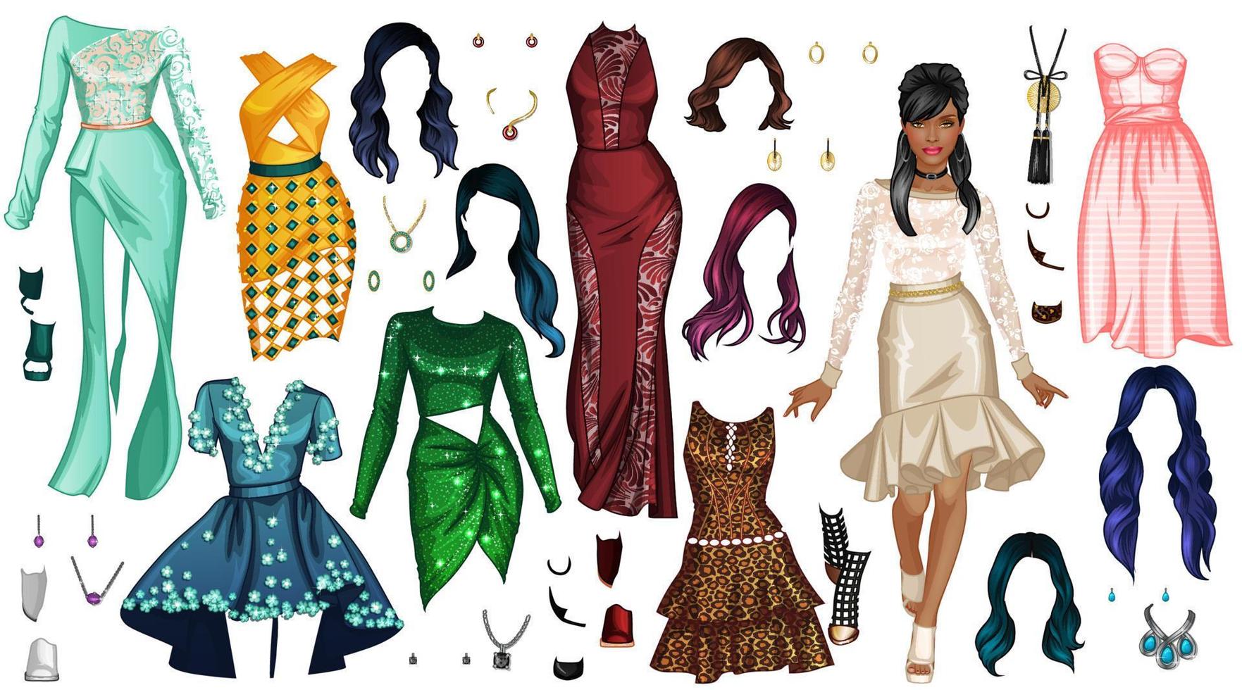 High Fashion 02 Paper Doll with Beautiful Woman, Outfits, Hairstyles and Accessories. Vector Illustration