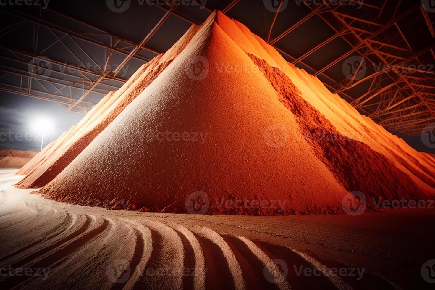 Potash, minerals are stored in a large pile in the warehouse and ready for shipment. photo