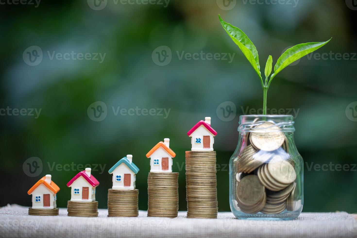 House placed on coins. The tree grows on coins.  planning savings money of coins to buy a home concept for property, mortgage and real estate investment. photo