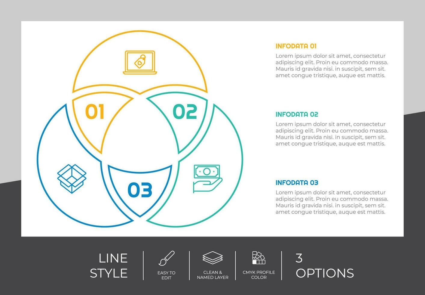 circulo opción infografía vector diseño con 3 pasos vistoso estilo para presentación propósito.línea paso infografía lata ser usado para negocio y márketing