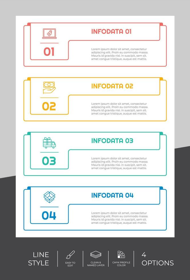 diseño de vector de infografía de opción cuadrada con estilo colorido de 4 pasos para fines de presentación. La infografía de paso de línea se puede utilizar para negocios y marketing