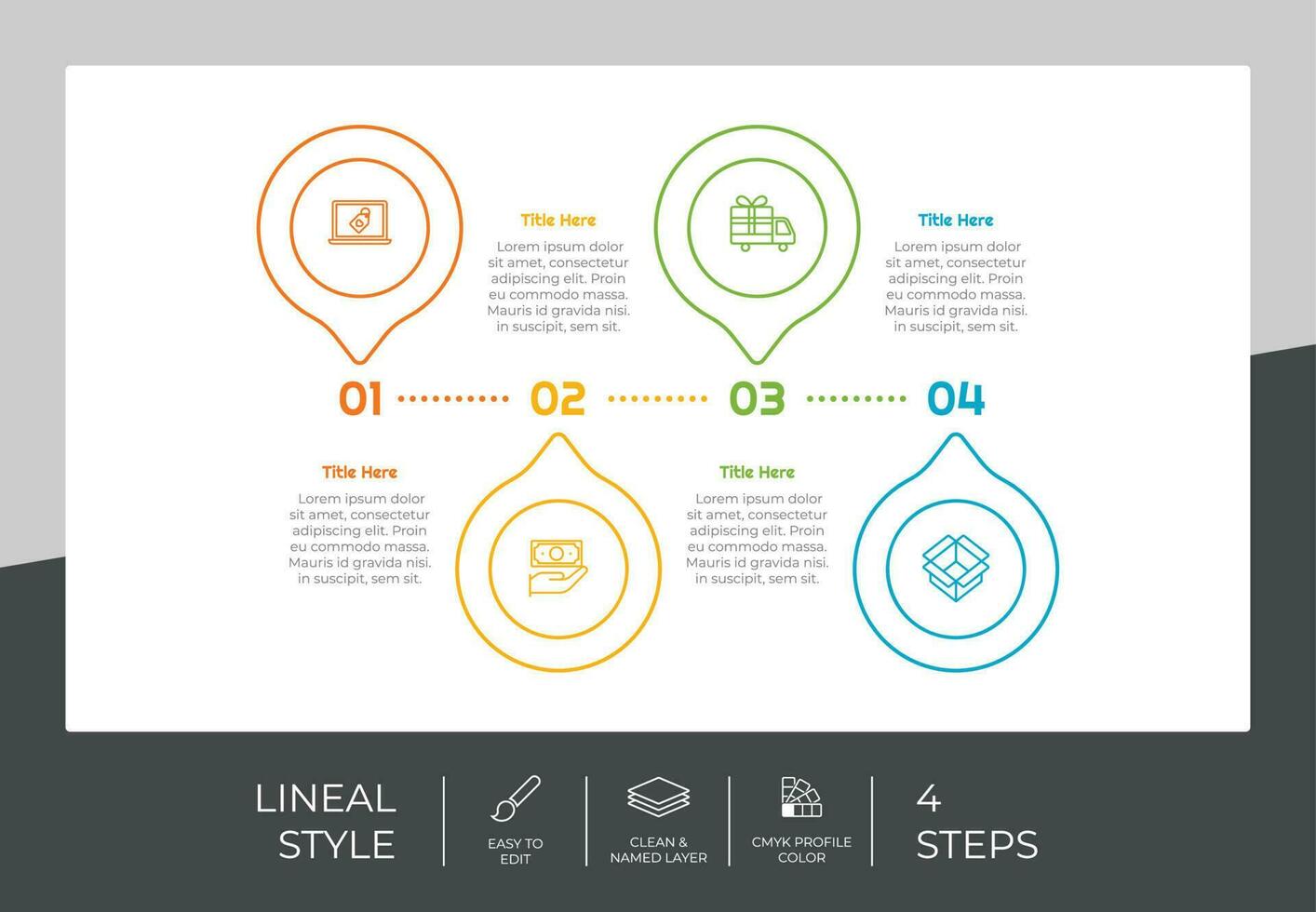 diseño de vector de infografía de proceso de círculo con estilo colorido de 4 pasos para fines de presentación. La infografía de paso de línea se puede utilizar para negocios y marketing