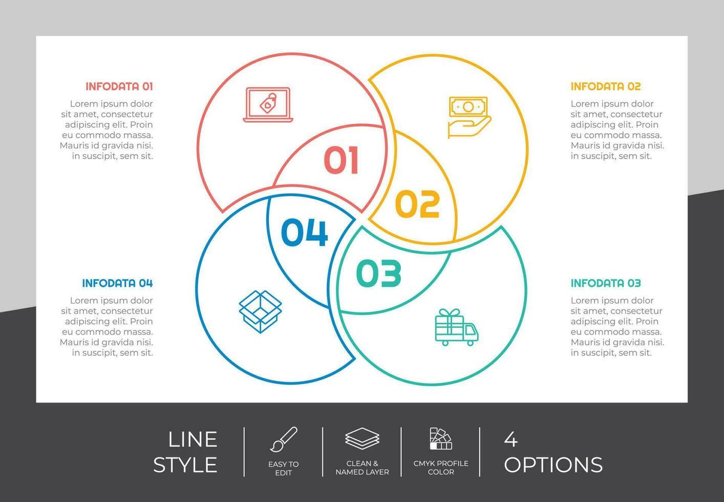 Circle option infographic vector design with 4 steps colorful style for presentation purpose.Line step infographic can be used for business and marketing