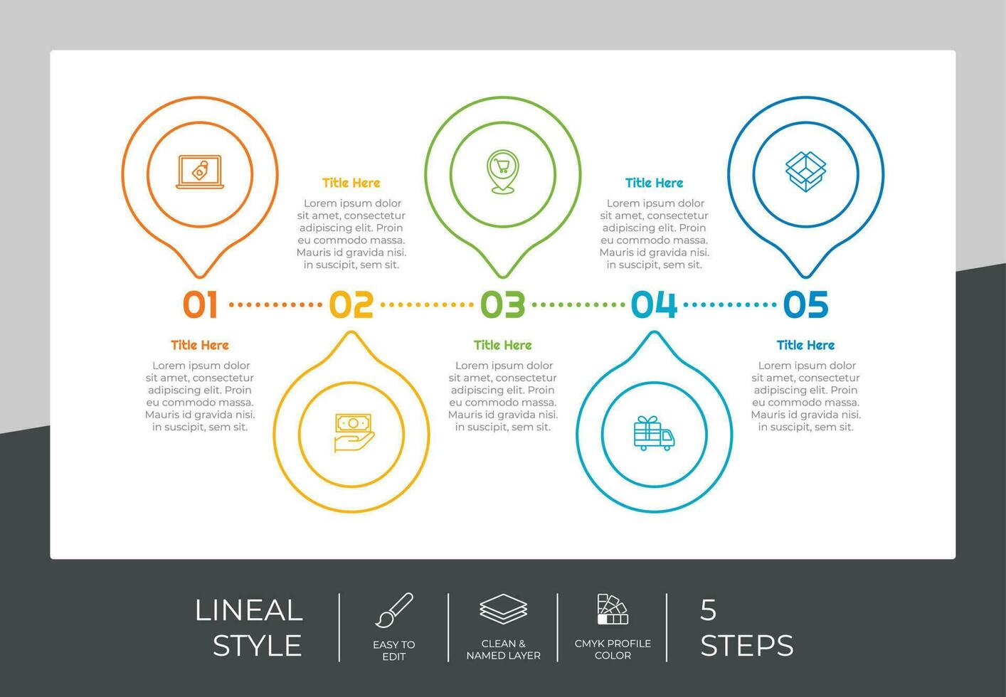 diseño de vector de infografía de proceso de círculo con estilo colorido de 5 pasos para fines de presentación. La infografía de paso de línea se puede utilizar para negocios y marketing