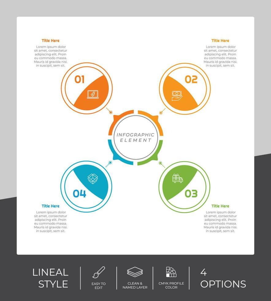 diseño de vector de infografía de proceso de círculo con estilo colorido de 4 pasos para fines de presentación. La infografía de paso de línea se puede utilizar para negocios y marketing