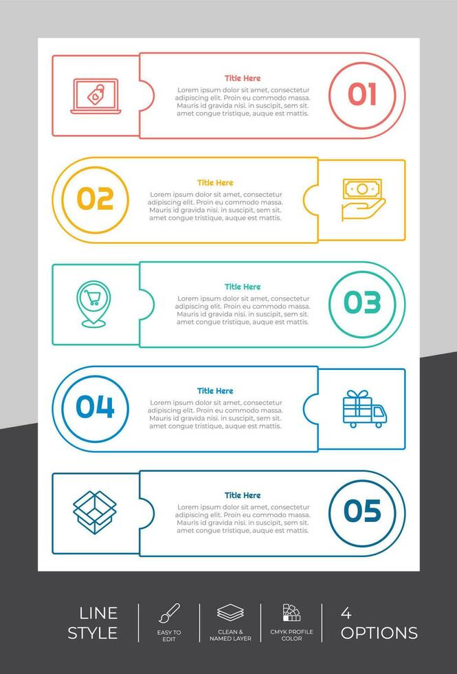 diseño de vector de infografía de opción cuadrada con estilo colorido de 5 pasos para fines de presentación.la infografía de paso de línea se puede utilizar para negocios y marketing