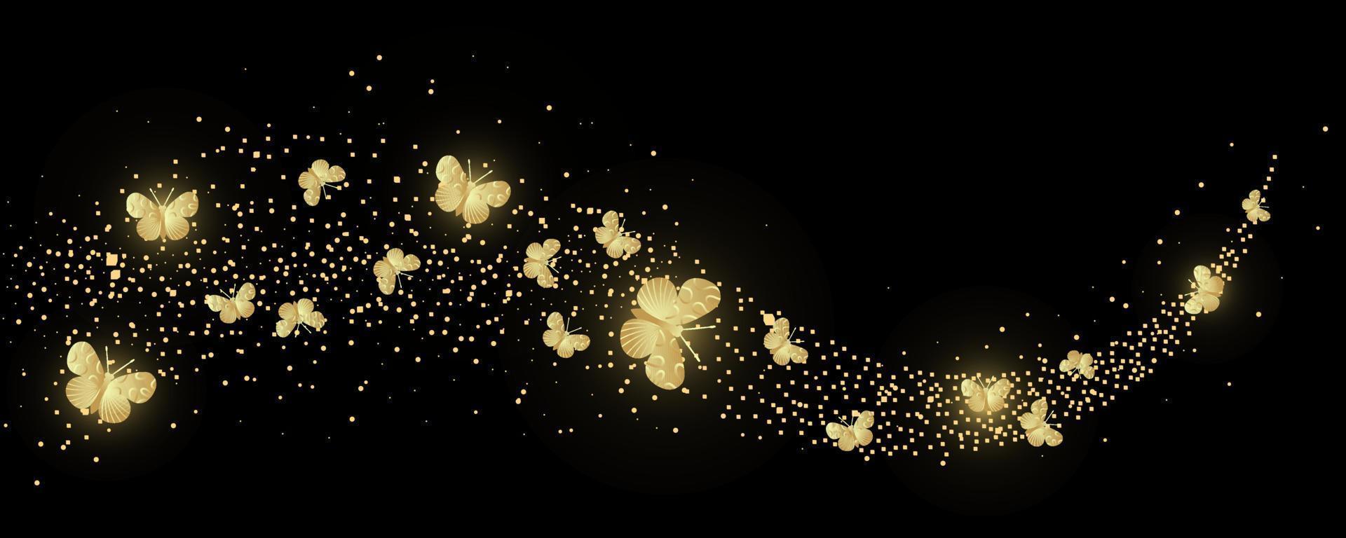 Golden confetti shiny glittering wave with butterfly vector