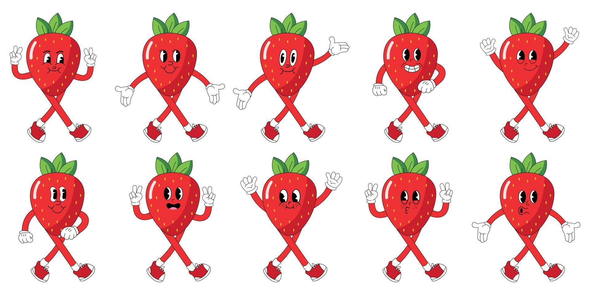 A Set of strawberry cartoon groovy stickers with funny comic characters