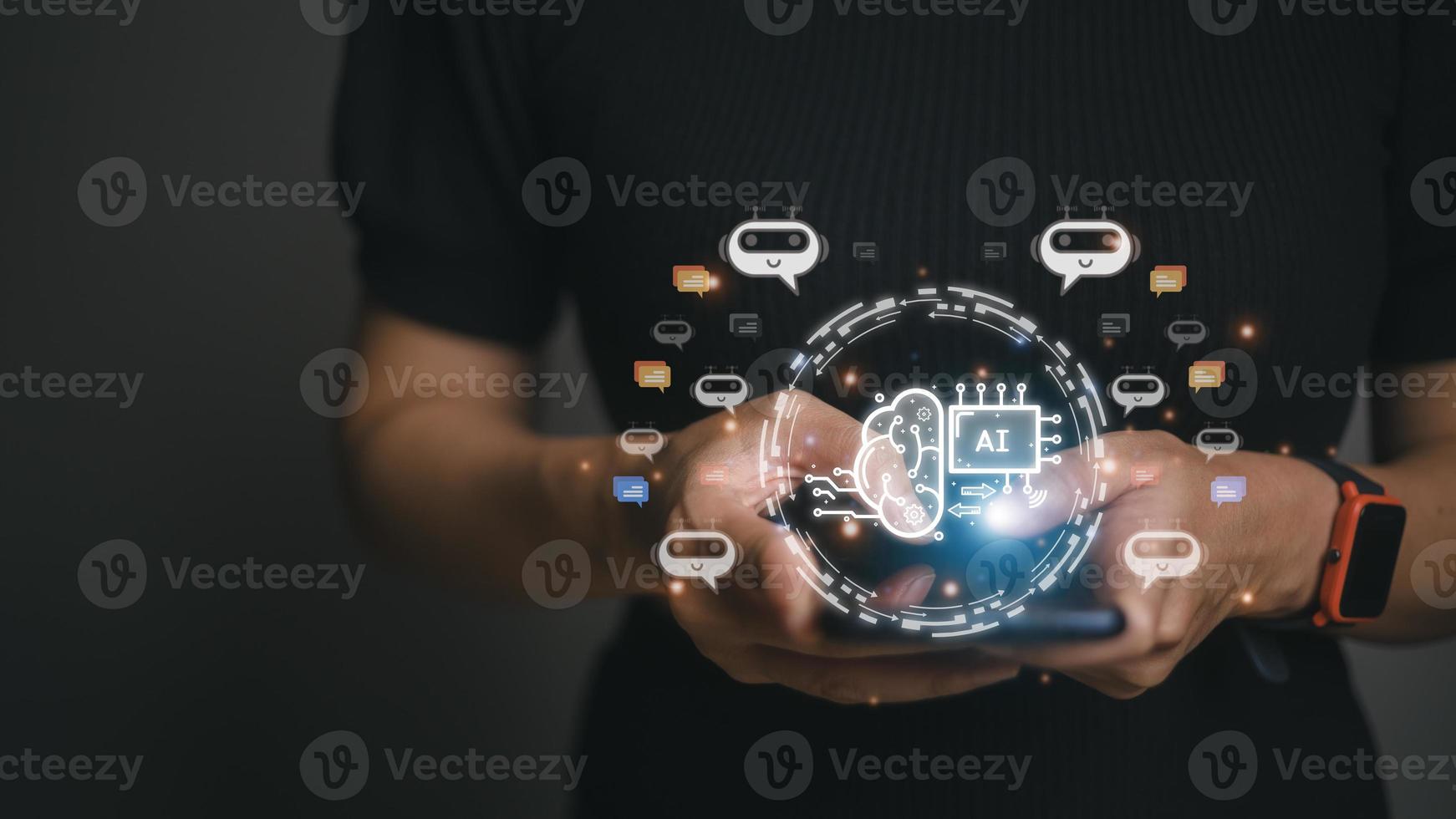 Businesswoman using chatbot in computer smart intelligence Ai. Chat GPT Chat with AI Artificial Intelligence, developed by OpenAI generate. Futuristic technology, robot in online system. photo