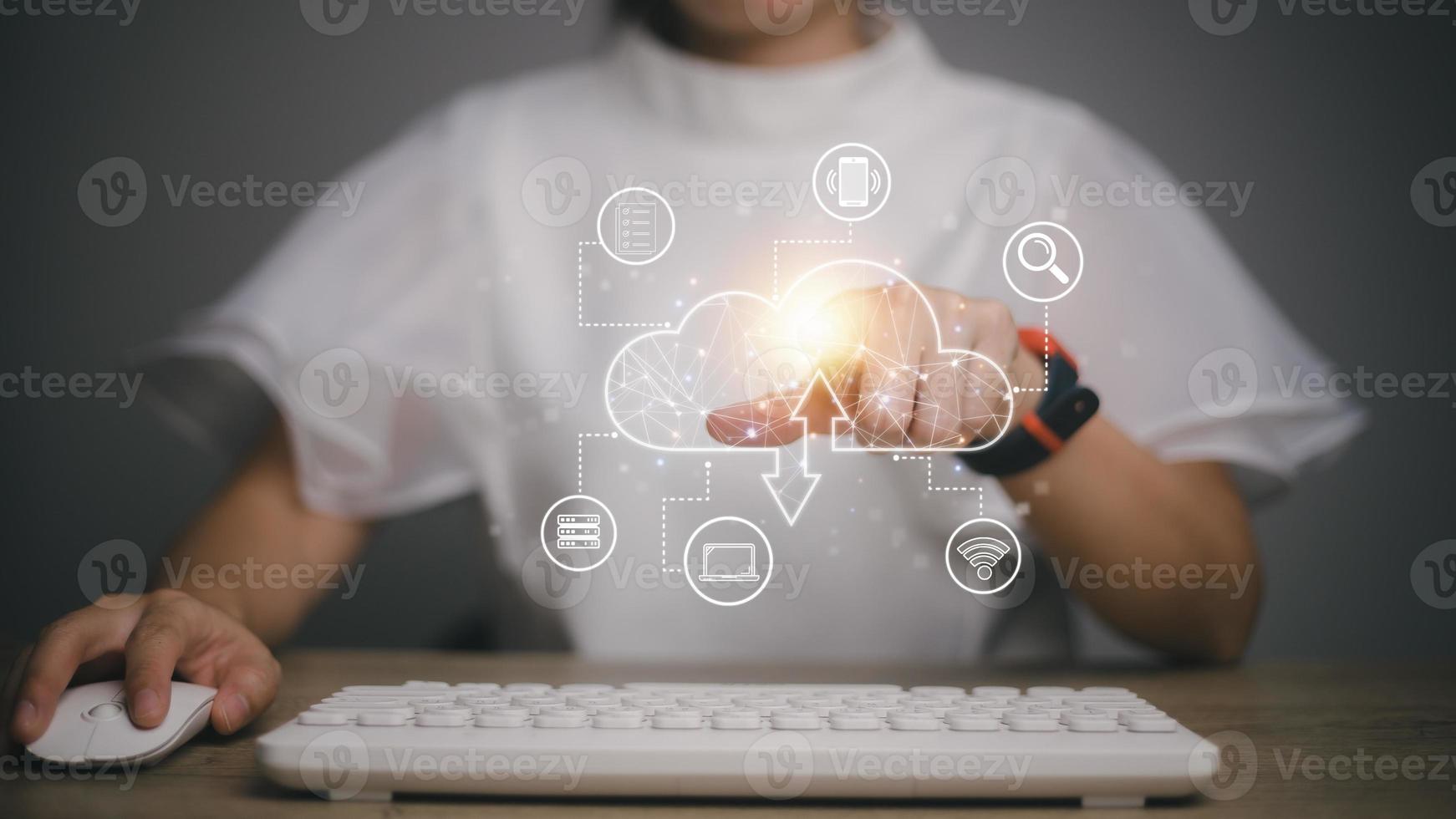 Businesswoman hand working with a Cloud Computing diagram on the new computer interface as concept photo