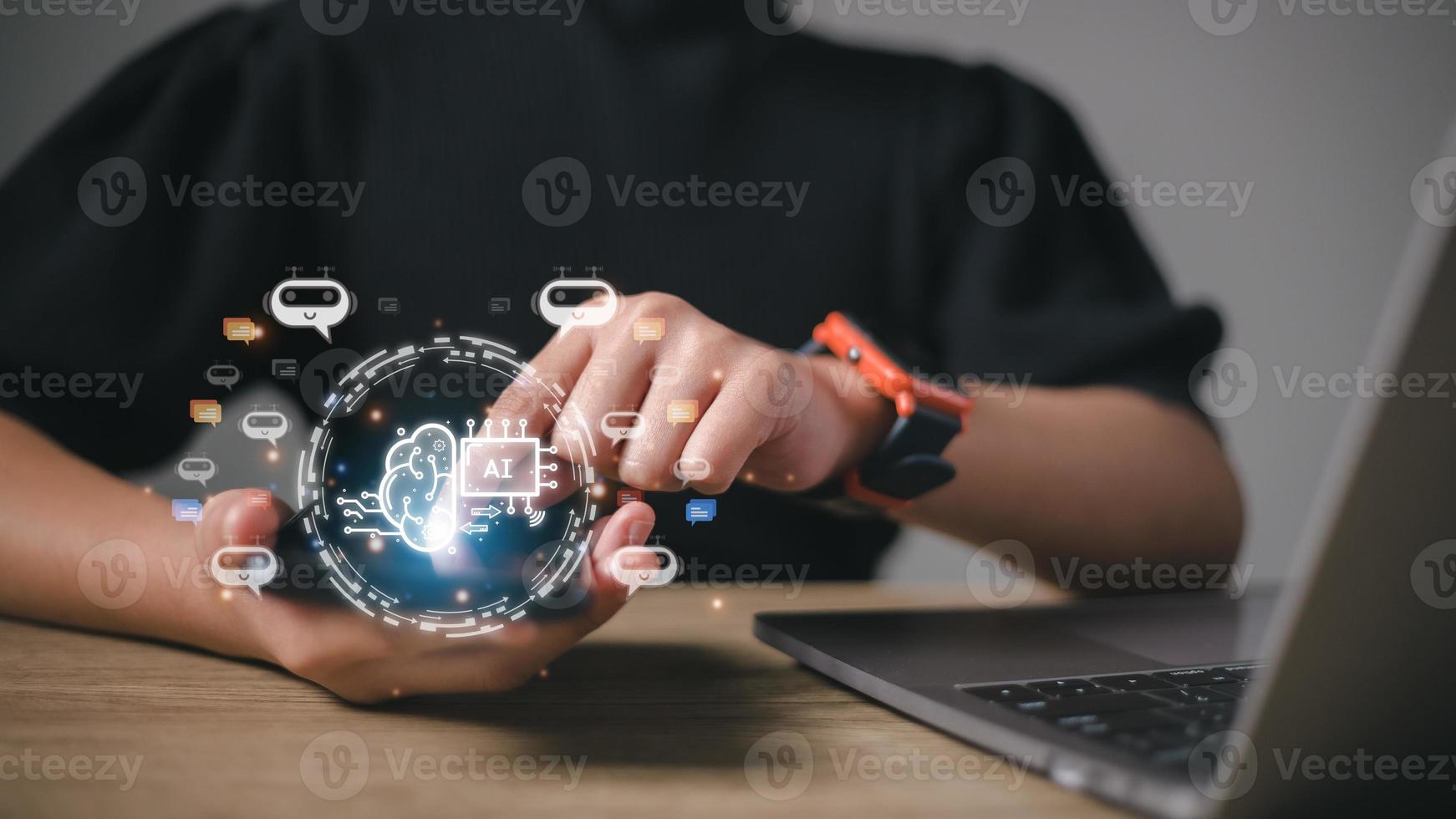 Businesswoman using chatbot in computer smart intelligence Ai. Chat GPT Chat with AI Artificial Intelligence, developed by OpenAI generate. Futuristic technology, robot in online system. photo