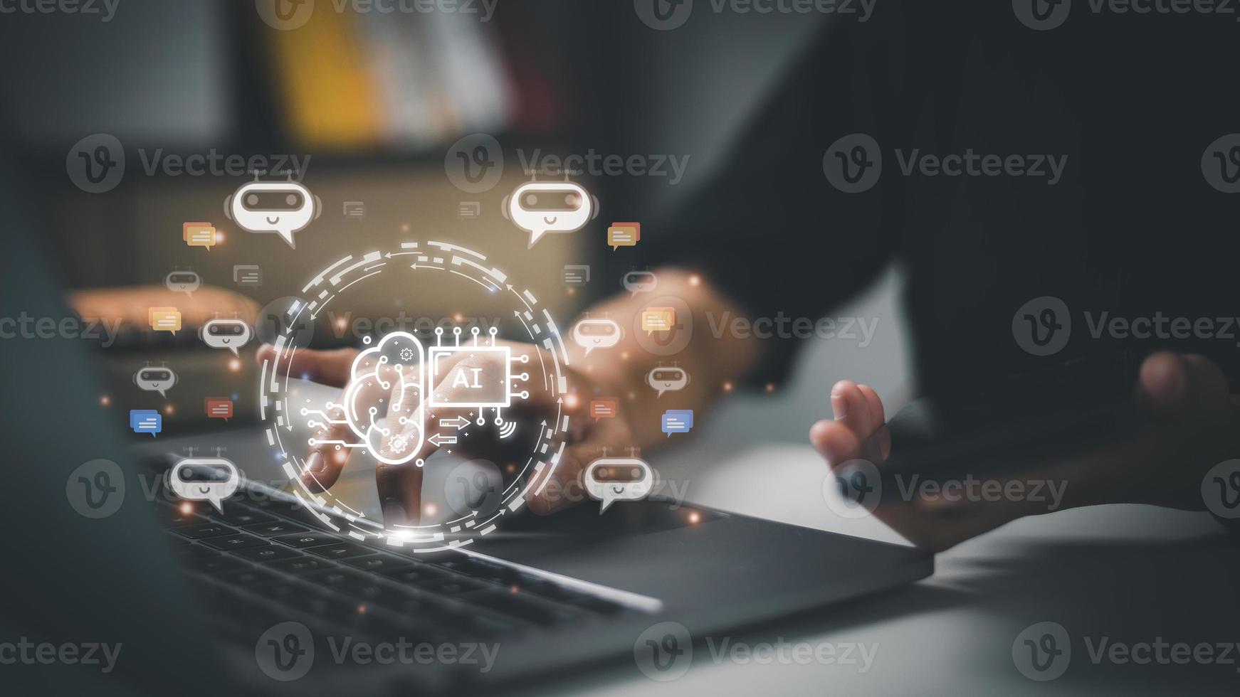 Businesswoman using chatbot in computer smart intelligence Ai. Chat GPT Chat with AI Artificial Intelligence, developed by OpenAI generate. Futuristic technology, robot in online system. photo